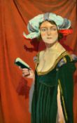 Mid 20th Century School, A portrait of a lady in a colourful hat and a green dress with purple,