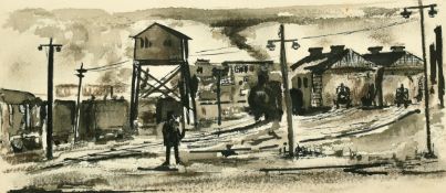 F. Underwood, 'Railway Sheds' ink and wash, signed and inscribed on mount, 5