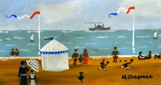 Margaret Chapman (1940-2000) British, Figures on a French beach with figures, children paddling