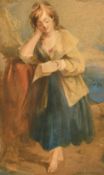 19th Century English School, a young lady reading a letter leaning against a rock, watercolour, 8.5