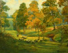 William Thornton Brocklebank (1882-1970), A tree lined river landscape with a shepherd and flock