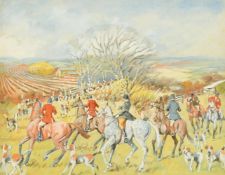 Ernest William Aldworth (1889-1977) British, figures on horseback with their hounds in an open