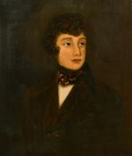 19th Century portrait of a brown-haired young man wearing a brown waist coat and jacket, oil on