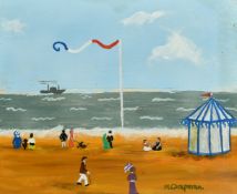 Margaret Chapman (1940-2000) British, Figures on a French beach and a paddle steamer ship beyond,