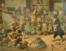 After Louis Wain, 19th Century, Dogs misbehaving in a classroom, a chromolithograph, 11.75