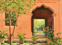 Mid-20th Century School, a garden as seen through the arch of a painted building, possibly North