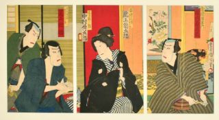 A Japanese Meiji period wood block print triptych, Kunichika Toyohara (1835-1900) The Kabuki theatre