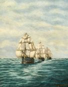 M. Hamilton (20th Century) A convoy of Man-of-War Naval Ships in open seas, oil on canvas, signed,