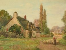 James Milliken (19th/20th Century), A Shepherdess driving her flock through a country lane,