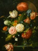 Thomas Webster (20th Century) A still life of mixed flowers in a glass vase, oil on board, 16