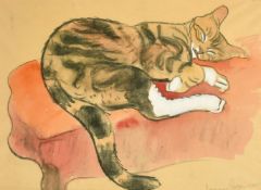 Norman Rogers (20th Century) Study of a sleeping cat, watercolour, signed, 13.5