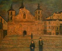 Frank Bateson Mason (1910-1977) British, A Continental church with figures, oil on board, signed,