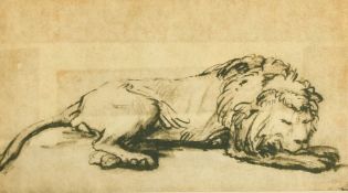 After Rembrandt, a lithograph print of a resting lion, 4