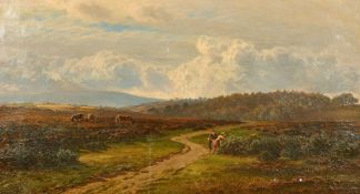 J. Barrett (19th Century) An extensive heathland scene with ponies and two women collecting berries,