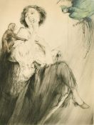 Fernand Toussaint (1873-1955), an elegant lady with a parrot and a monkey, lithograph, signed, 17.