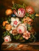 M. Miller (20th Century) A still life of mixed flowers in a vase on a marble ledge, oil on panel,