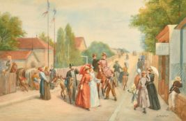 Joseph Athanase Aufray (1836-1885) French, a Sunday morning stroll with well-dressed town folk,