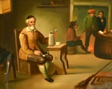 Manner of Teniers, gentleman with a pipe in a tavern interior, oil on metal, 7