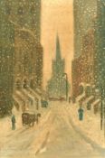 American School, Early 20th Century, A snowy street scene, oil on canvas, 20.5
