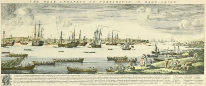 After Samuel and Nathaniel Buck, A hand coloured print, the West prospect of Portsmouth in