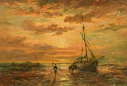 19th Century English School, figures by a beached boat at dusk, oil on panel, indistinctly signed