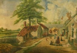 19th Century Scottish School, figures and livestock outside farm buildings, oil on canvas,