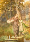 James Barnes (1870-1923) British, female figures crossing a river on stepping stones, watercolour,