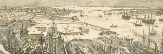 After H.W. Brewer, A hand coloured print, A birds eye view of Portsmouth harbour, 13.5