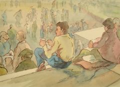 Marjorie Heather (1904-1989) British, Figures reading on the steps of a building, watercolour,