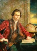 R.J. West (20th Century) A portrait of a gentleman seated at a table with a globe, ink pot and