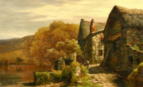 H. Cheadle, 19th Century, Stone cottages by a lake with a figure on the path, oil on canvas, signed,