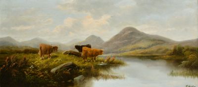 E. Heaton, 19th Century, Highland cattle in a landscape with a loch and mountains beyond, oil on