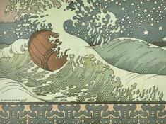 Ivan Bilibin, An illustration for a fairy tale, a barrel in a stormy sea, text verso,