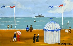 Margaret Chapman (1940-2000) British, Figures on a French beach with figures and a blue and white