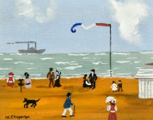 Margaret Chapman (1940-2000) British, Figures and dogs on a French beach with a paddle steamer