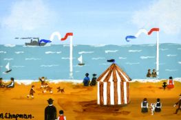 Margaret Chapman (1940-2000) British, Figures and dogs on a French beach with a paddle steamer