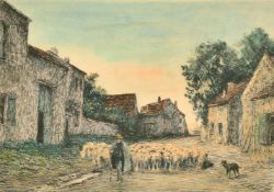 Frederic Jacque (1859-1931) French, 'Le Vieux Barbizon', hand coloured aquatint, signed and