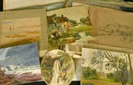 A folio of unframed watercolours and drawings, (Q).