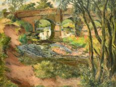 Miles Balmford Sharp (1897-1973) British, 'Otterton Bridge', A river landscape, oil on board,