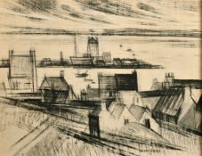 Jacques Petit, A stylized harbour view, charcoal, signed, 16.5