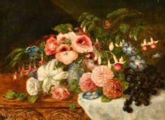 English School circa 1894, A still life of mixed flowers, grapes and butterfly, oil on canvas,