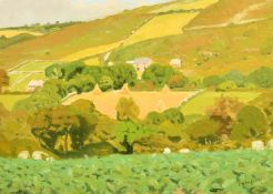 Robert Morson Hughes (20th Century) An extensive summer landscape with trees and a field with hay
