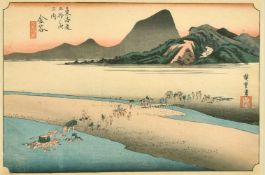 Ando Hiroshige (1797-1858) Japan, figures crossing a river, woodcut, 9.5