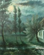 Rene Tassoul (b. 1887) Belgian, A moonlit scene by a stream with trees and a house beyond, oil on