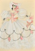 Circle of Cecil Beaton, A lady in a stage costume, a white dress with pink bodice and flowers,
