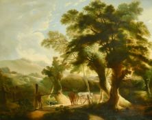 Circle of Charles Towne, a cattle drover crossing a bridge with mountains beyond, oil on canvas,