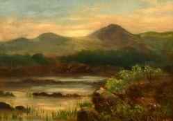 Williams (19th Century) A quite river landscape with mountains beyond, oil on canvas, signed, 10
