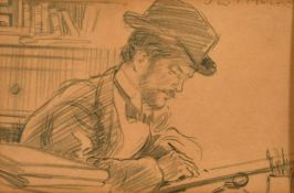 French School circa 1900, A literary gentleman writing on a slope, pencil drawing, signed, 4.5