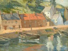 Circle of Donald McIntyre (1823-2009), boats moored in a harbour with cottages beyond, oil on board,