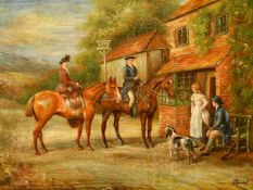 David (20th Century) Figures on horseback conversing with a young man and woman with a dog outside